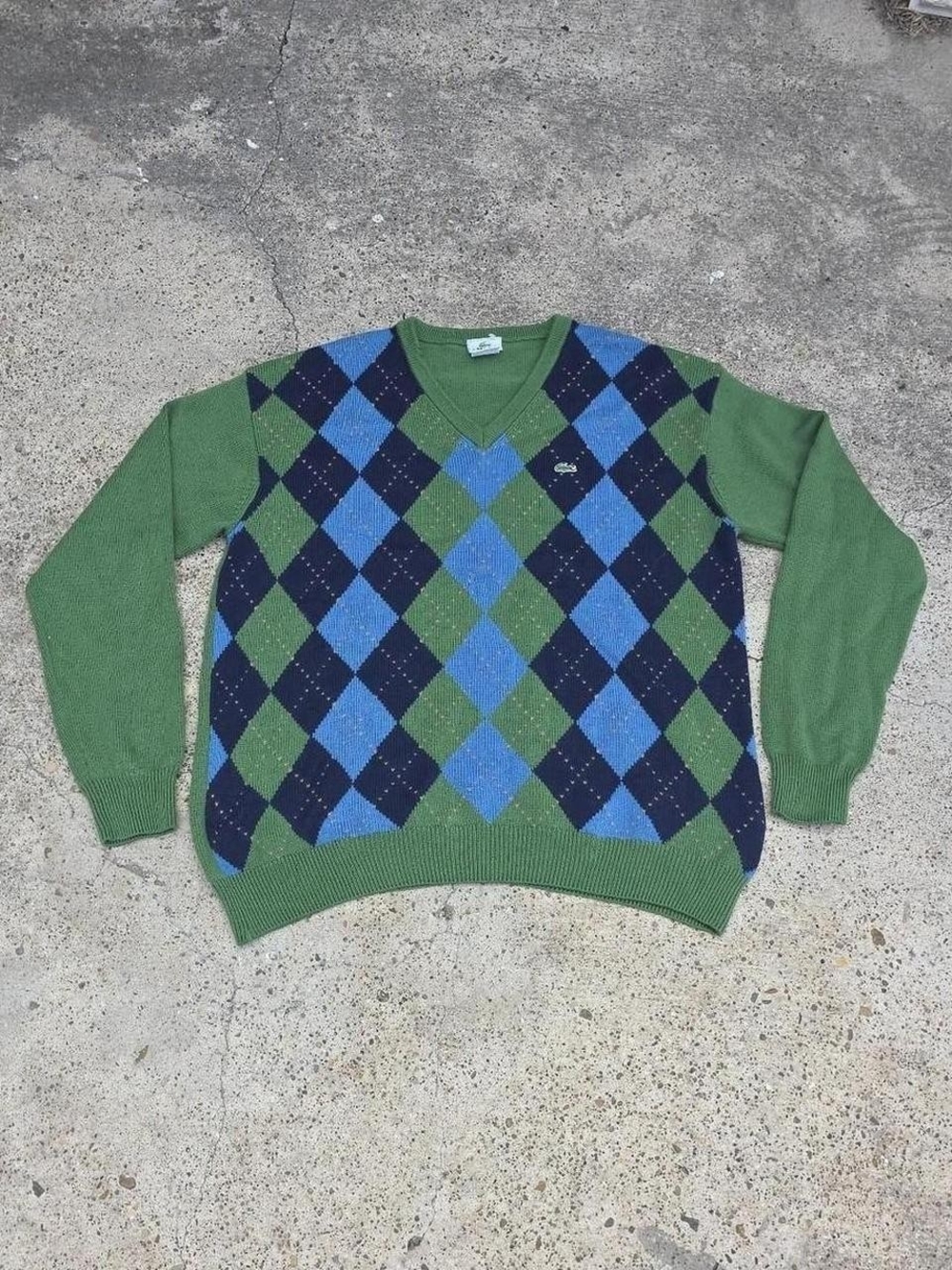 Lacoste Men’s Merino Extra Fine Argyle V-Neck Sweater Size XXL (7) EUC Green Dis